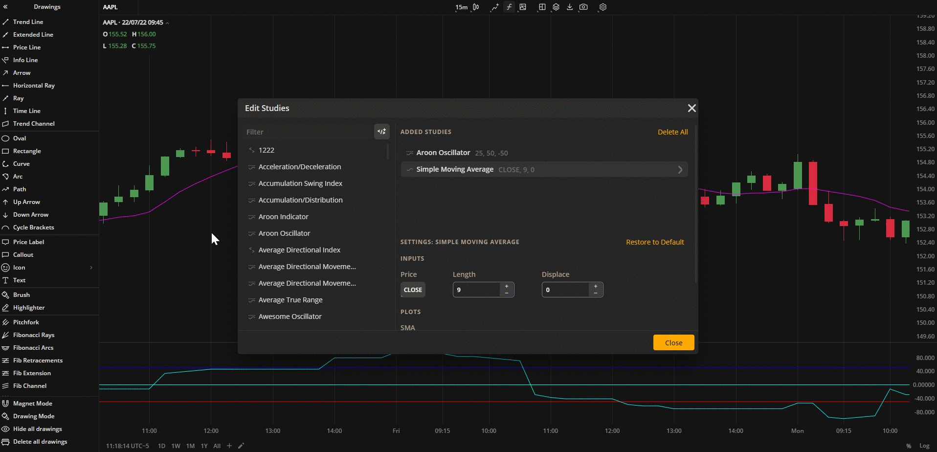 DXcharts Undo command accessible from menu